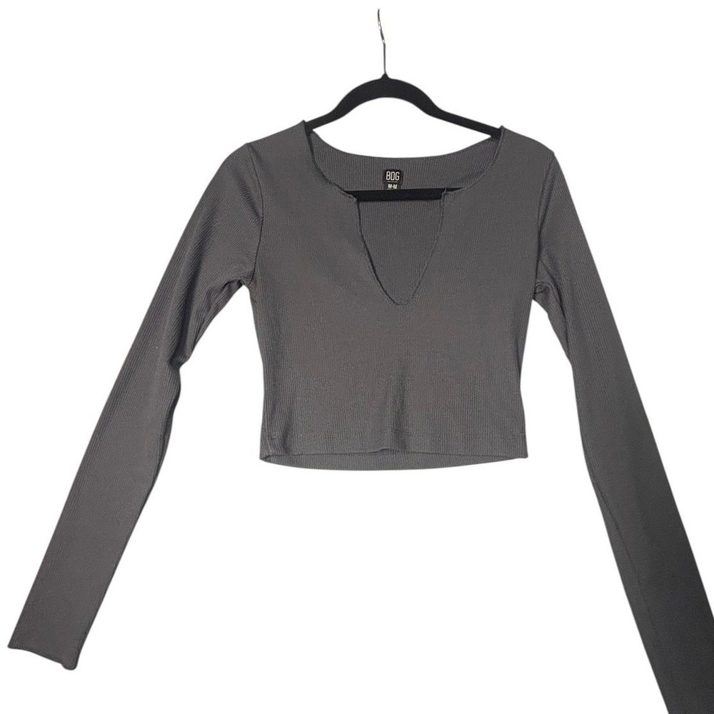 BDG Urban Outfitters Charcoal Grey Ribbed Notched V-Neck Long Sleeve Crop Top M
